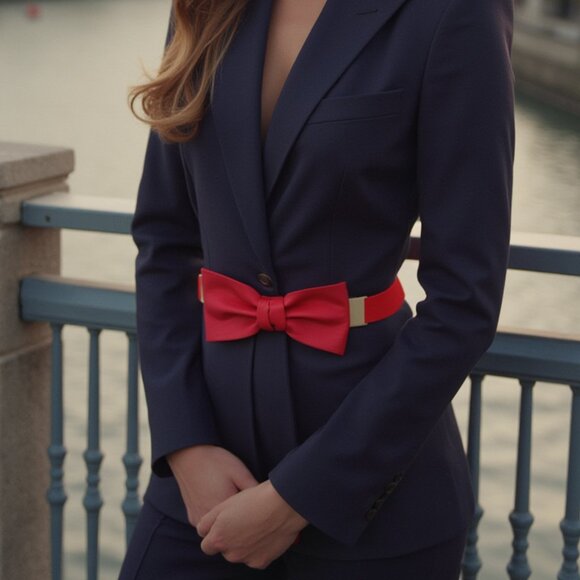Women Waisted Belt Gold Plate Elastic Band Red Faux Leather Bow Tie Ribbon S L - Picture 1 of 16